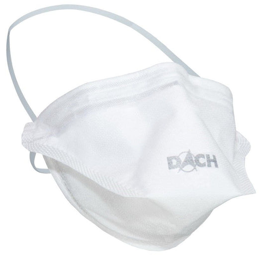 Mascherina monouso bianca ubiQ®³ FFP3 NR D e di tipo IIR della DACH Schutzkleidung GmbH & Co. KG con elastico, progettata per garantire una protezione affidabile sul lavoro; confezionata in una scatola contenente 18 confezioni.