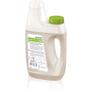Eine 2-Liter-Flasche Ecolab Incidin Pro mit Griff, weißem und grünem Deckel auf gegenüberliegenden Seiten und einem weißen Etikett mit Produktangaben und Sicherheitssymbolen.