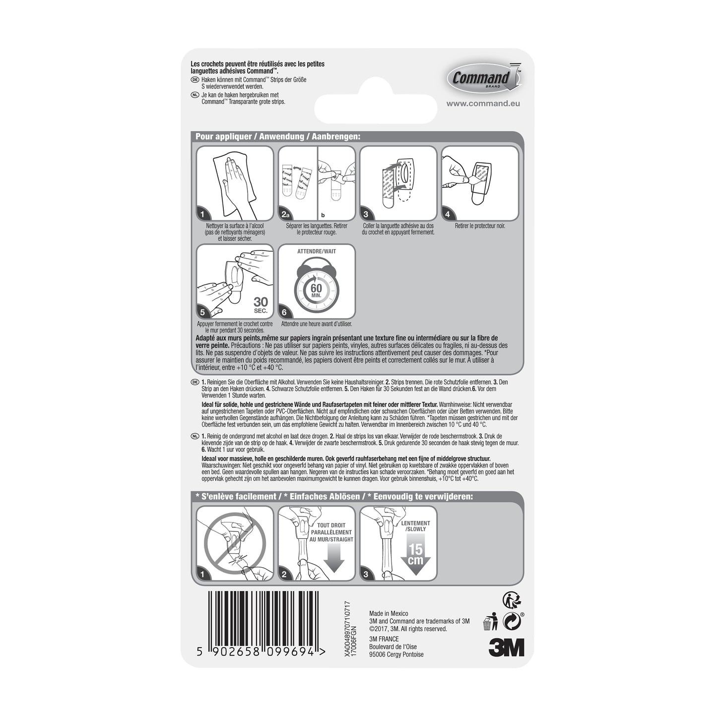Rückseite einer 3M Deutschland GmbH Command™ Mini-Haken, 17006-Verpackung mit mehrsprachiger Anleitung, Diagrammen zur werkzeuglosen Montage, Verwendung von Klebestreifen, Warnhinweisen, Produktdetails, Barcode - rückstandsfrei ablösbar.