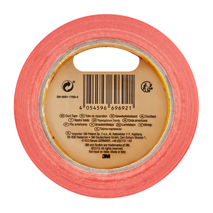 Eine orangefarbene Rolle Scotch® High Visibility Klebeband (25 m x 48 mm, 6 STK./PACKUNG) der 3M Deutschland GmbH ist von oben mit Barcode, Produktinfo und mehrsprachigem "Klebeband" auf dem Kern abgebildet und verdeutlicht den vielseitigen Einsatz.