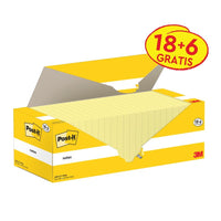 A yellow-and-white box of Post-it® Notes (76 x 127 mm, yellow) from 3M Deutschland GmbH, with the words "18 pads + 6 free" printed on the packaging. Contains 100 sheets per pad in cardboard packaging; PEFC-certified.