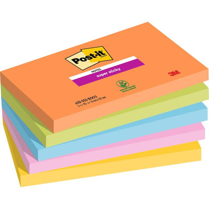 A stack of six rectangular Post-it® Super Sticky Notes (76 mm x 127 mm, 90 sheets/block, 100% PEFC) in the colors orange, green, blue, pink, purple, and yellow. The top orange note displays the Post-it® and 3M logo along with product information.