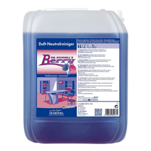 Ein 10-Liter-Behälter von Dr. Schnell DR.SCHNELL'S BERRY von DR.SCHNELL GmbH & Co. KGaA, ein kraftvoller Reiniger mit Beerenduft und blauer Flüssigkeit, mit einem Etikett mit Produktangaben, Anwendungshinweisen und einer Abbildung eines Büroraums.