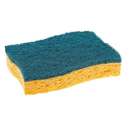 Une éponge de nettoyage en fibres naturelles Scotch-Brite® Delicate de 3M Deutschland GmbH, jaune avec une face à récurer verte, pour surfaces délicates, 2 pièces par paquet, illustrées sur fond blanc.