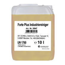 Ein 10-Liter-Transluzenzbehälter von Dr. Schnell FORTE PLUS INDUSTRIEREINIGER der DR.SCHNELL GmbH & Co. KGaA mit weißem Etikett mit Produkt-/Herstellerangaben, UN 1760 und Sicherheitshinweisen; gelbe Flüssigkeit für Industrie Reinigung und starke Verschmutzungen.