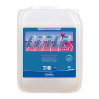 Ein 10-Liter-Kanister Dr. Schnell ONTOP SAMT Matt-Beschichtung für Gebäudereinigung, Böden, hochfrequentiert von DR.SCHNELL GmbH & Co. KGaA, mit blauer und rosa Beschriftung und Produktangaben auf hellem Grund.