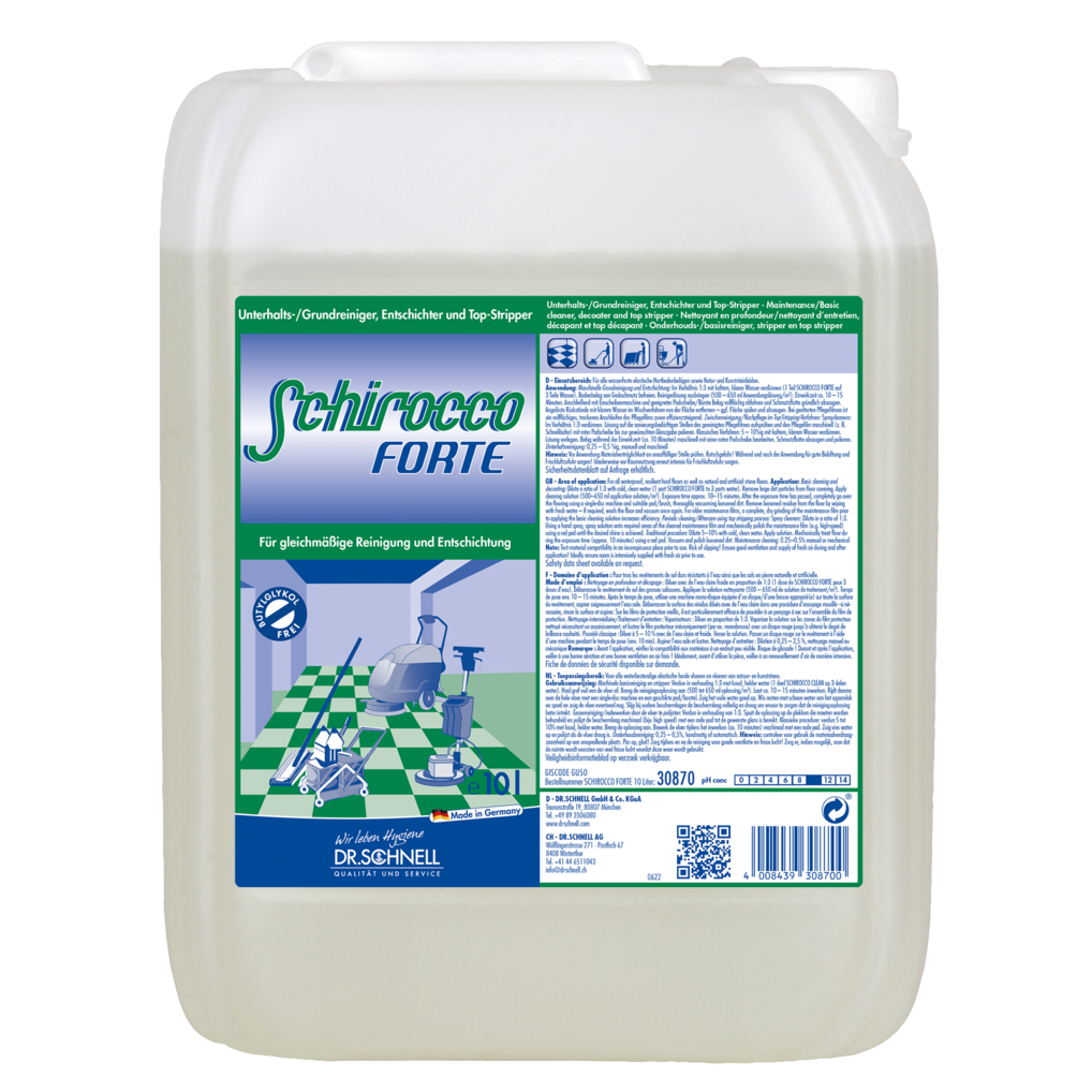 Ein großer durchsichtiger Kunststoffbehälter mit der Aufschrift "Dr. Schnell SCHIROCCO FORTE" der DR.SCHNELL GmbH & Co. KGaA, mit grünem und weißem Branding, Reinigungsgrafik, Spezialreiniger-Anleitung für die professionelle Reinigung, einem Griff und einem Schraubverschluss.