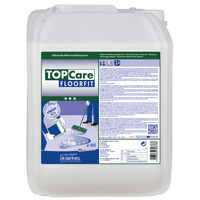 Un grand bac en plastique blanc Dr. Schnell TOPCARE FLOORFIT de DR.SCHNELL GmbH & Co. KGaA, doté d'une étiquette bleu-vert comportant les informations sur le produit, les instructions, des symboles et l'illustration d'une serpillière sur un sol brillant, pour un résultat sans traces.