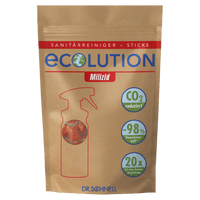 Un sachet brun refermable portant l'inscription «Dr. Schnell Le produit « ECOLUTION Milizid Sticks, nettoyant sanitaire et détartrant en poudre (60 g) » de la société DR.SCHNELL GmbH & Co. KGaA affiche les icônes suivantes : « Réduction des émissions de CO₂ ! », « -98 % de déchets d'emballage », « 20 x 0,5 L de solution prête à l'emploi » et le contour d'un vaporisateur rouge.