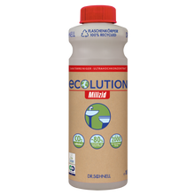 Eine 1L-Flasche Dr. Schnell ECOLUTION MILIZID Ultrahochkonzentrat Sanitärreiniger und Kalklöser ist mit Öko-Symbolen - 100% recycelt, CO₂-reduziert, 80% weniger Plastik - der DR.SCHNELL GmbH & Co. KGaA, mit einer roten Kappe.