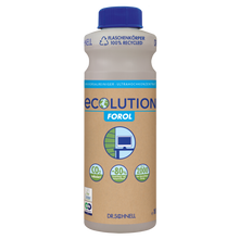 Eine 1L-Flasche DR.SCHNELL ECOLUTION FOROL ULTRAHOCHKONZENTRAT Universalreiniger für Gebäudereinigung von DR.SCHNELL GmbH & Co. KGaA, mit umweltfreundlichen Piktogrammen und Anwendungstipps für die professionelle Reinigung.