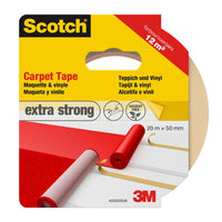Packaging for Scotch® Carpet Tape, 42022050, by 3M Deutschland GmbH, white, 50 mm x 20 m; "extra-strong" tape, shown on carpet/vinyl for repairs. One roll covers up to 12 m².