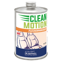 A 1-liter metal canister Dr. Schnell CLEANMOTION Stain Remover by DR.SCHNELL GmbH & Co. KGaA, an effective car interior cleaner and stain remover—perfect for car detailing. Features orange/green text and a blue logo with car seats.