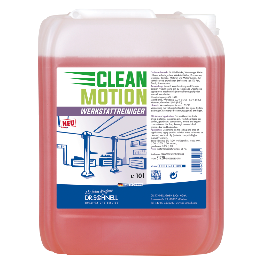 Ein 10-Liter Dr. Schnell CLEANMOTION WERKSTATTREINIGER der DR.SCHNELL GmbH & Co. KGaA mit roter Flüssigkeit und einem Etikett mit Autowerkstattmotiv und deutscher Produktinformation - ideal für die effektive Werkstattreinigung.