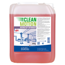 Ein 20 kg Kunststoffbehälter der DR.SCHNELL GmbH & Co. KGaA Dr. Schnell CLEANMOTION WERKSTATTREINIGER mit roter Flüssigkeit und einem Etikett mit Produktangaben, Anweisungen und einer Werkstatt mit Hebebühnen für eine effektive Reinigung.