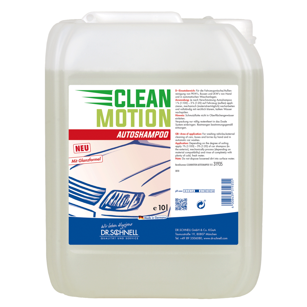 Ein 10-Liter-Kunststoffbehälter von Dr. Schnell CLEANMOTION AUTOSHAMPOO von DR.SCHNELL GmbH & Co. KGaA, ideal für die professionelle Autowäsche. Das Etikett zeigt ein Auto, eine deutsche Produktinformation, eine Gebrauchsanweisung; die Flüssigkeit ist klar oder hell.
