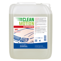 A 10-liter plastic container from Dr. Schnell CLEANMOTION CAR SHAMPOO by DR.SCHNELL GmbH & Co. KGaA, ideal for professional car washing. The label features a car, German product information, and instructions for use; the liquid is clear or light in color.