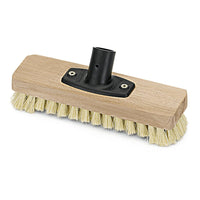 Der Nölle Profi Brush Power Stick Schrubber (23 cm, Thermo-PET, hitzebeständig) von Nölle Profi Brush Bürsten- & Pinseltechnik e.K. verfügt über steife Borsten, einen Holzfuß und einen schwarzen Kunststoffgriffaufsatz.
