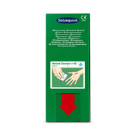 A green box of Salvequick savett wound cleanser (0.9% NaCl, sterile) from Orkla Wound Care AB features multilingual text, an illustration of hands using a cloth, a large red arrow pointing downward, and "40 pieces" on the label.