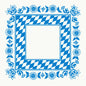 Die Dunicel Mitteldecke 84x84 cm von Duni GmbH zeigt ein blau-weißes Bayerische Raute-Muster mit blauen Blumenakzenten am Rand, ideal für das Oktoberfest, und wird in einer 100er-Packung geliefert. Die Mitte ist blanko für den vielseitigen festlichen Einsatz.