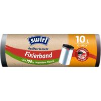 A role Swirl Melitta Europa GmbH & Co. KG's 10-liter Tear-Resistant & Leak-Proof Tie-Top Trash Bags contain 15 bags made from 100% recycled plastic, featuring red, green, and blue German labeling for environmentally friendly waste disposal.