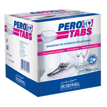 Eine Schachtel Dr. Schnell PERO TABS Geschirrreiniger für gewerbliche Spülmaschinen von DR.SCHNELL GmbH & Co. KGaA, reinigt hygienisch mit 200 Tabs; die weiß-blaue Verpackung mit rosa Akzenten zeigt Geschirr und Besteck.