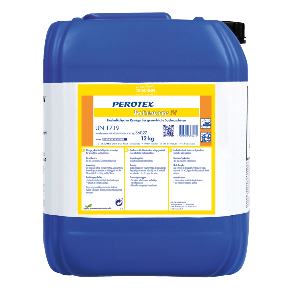 Il Dr. Schnell PEROTEX INTENSIV N di DR.SCHNELL GmbH & Co. KGaA è un grande detergente per lavastoviglie in plastica blu da 12 kg con tappo nero, contrassegnato per uso professionale e dotato di avvertenze e simboli di pericolo.