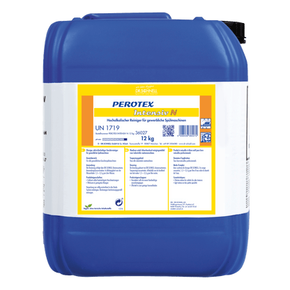 Il Dr. Schnell PEROTEX INTENSIV N di DR.SCHNELL GmbH & Co. KGaA è un grande detergente per lavastoviglie in plastica blu da 12 kg con tappo nero, contrassegnato per uso professionale e dotato di avvertenze e simboli di pericolo.