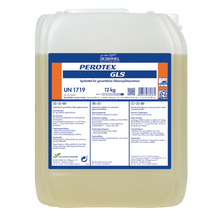 Ein 12 kg Gebinde Dr. Schnell PEROTEX GLS Geschirrreiniger für gewerbliche Spülmaschinen der DR.SCHNELL GmbH & Co. KGaA ist auf dem Frontetikett mit Produktinformationen, Hinweisen und Gefahrensymbolen versehen. Im Inneren ist die hellgelbe Flüssigkeit sichtbar.