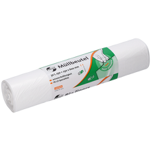 Eine Rolle der EMIL DEISS KG (GmbH + Co.) DEISS 36101 Müllbeutel, 250+250x600 mm, weiß, Rolle mit 50 Stück. Mit deutscher Beschriftung, Hand-Symbol zum Entnehmen, Größenangabe und grünem "easy open"-Symbol auf der Verpackung.