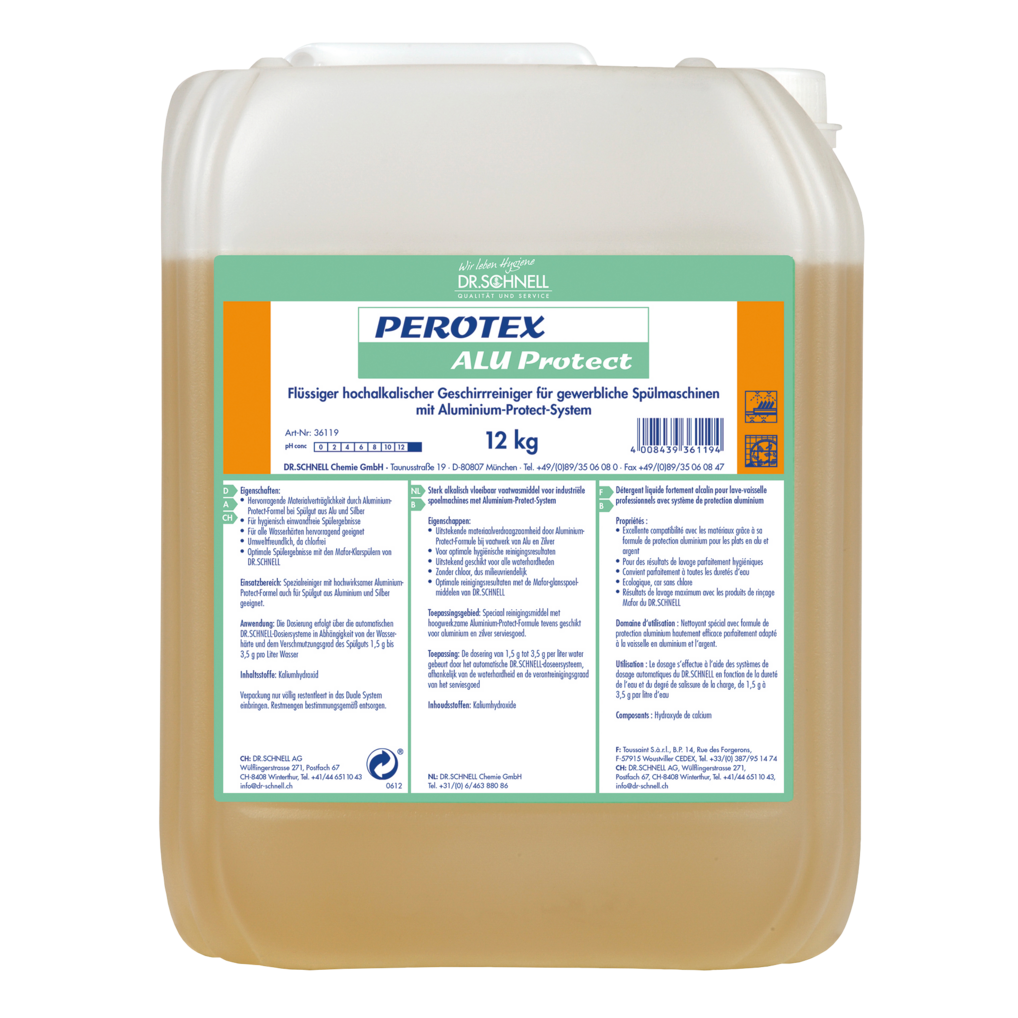Ein 12-kg-Kunststoffbehälter mit dem Geschirrspülmittel Dr. Schnell PEROTEX ALU PROTECT für gewerbliche Maschinen der DR.SCHNELL GmbH & Co. KGaA, beschriftet in deutscher Sprache mit Produktinfos und Hinweisen zum Korrosionsschutz von Aluminium, gefüllt mit gelblicher Flüssigkeit.