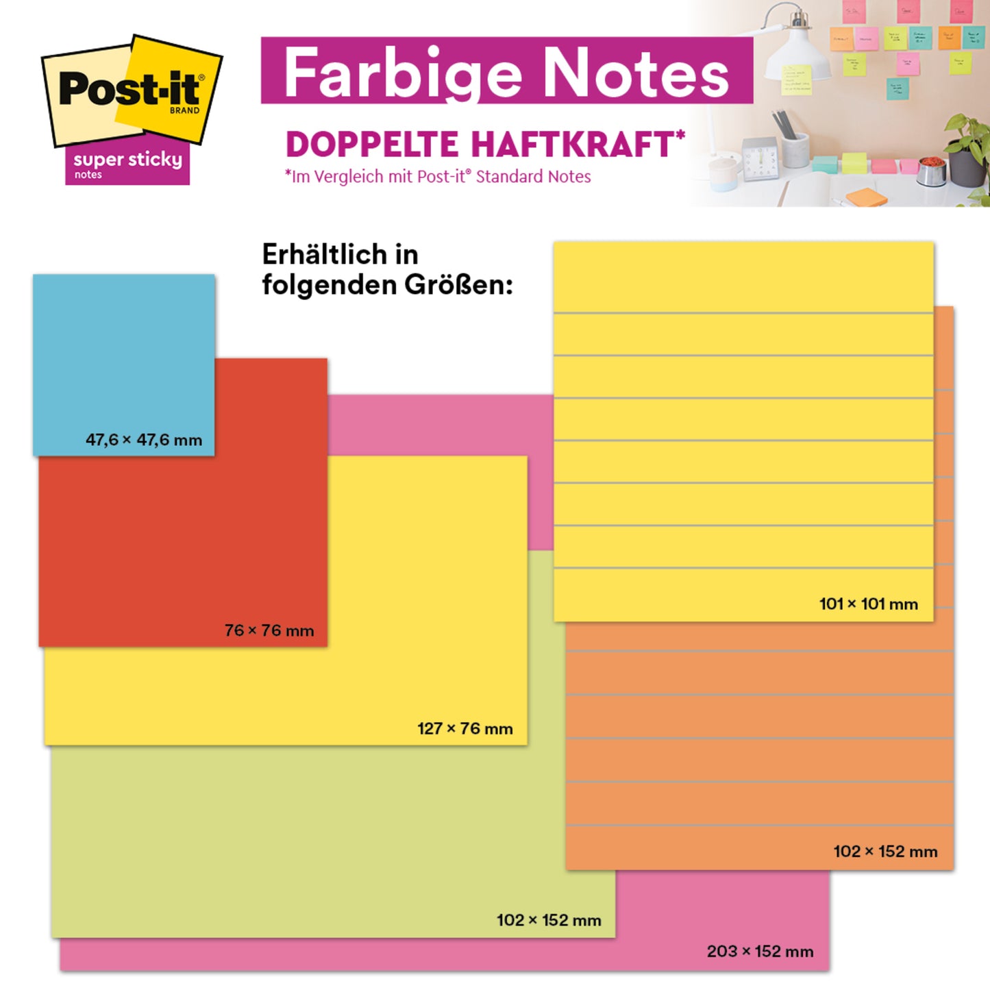 Eine Abbildung zeigt 3M Post-it® Super Sticky Notes im Großformat, liniert, 101 x 152 mm, 90 Blatt/Block, 100% PEFC, mit bunten Zetteln an einer Wand über einem Schreibtisch.