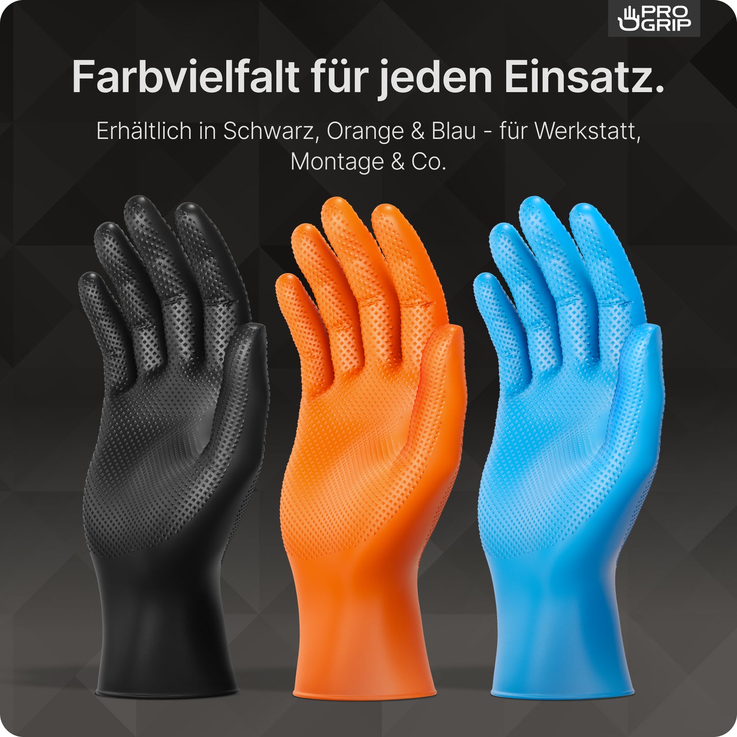 Die PROGRIP NITRIL DIAMOND ORANGE der ARNOWA GmbH - reißfeste, rautenförmige Nitrilhandschuhe in Orange - stehen aufrecht vor dunklem Hintergrund, mit deutschem Text, der auf ihre Farbe und Werkstatt-/Montagetauglichkeit hinweist.
