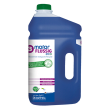 Eine große Kunststoffflasche mit grünem Verschluss enthält eine blaue Flüssigkeit. Auf dem Etikett steht "Dr. Schnell MAFOR FLÜSSIG 3 ECO Klarspüler für Geschirrspülmaschinen" von DR.SCHNELL GmbH & Co. KGaA und zeigt deutschen Text und Zertifizierungslogos.