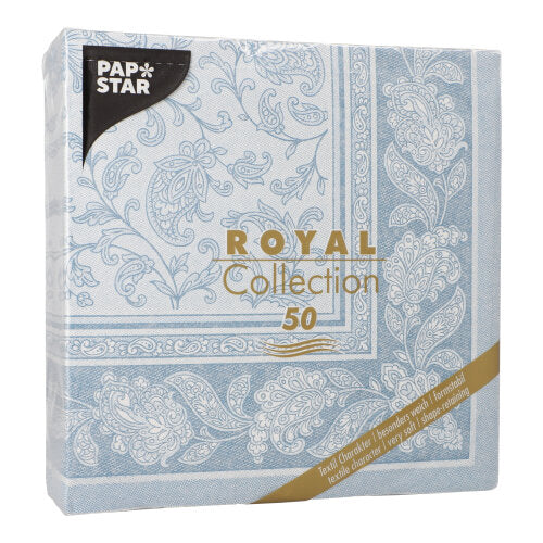 Eine quadratische Packung PAPSTAR GmbH 50 Servietten "ROYAL Collection" 1/4-Falz 40 x 40 cm blau, mit hellblau-weißem Paisleymuster, goldener Schrift und einem Etikett für luxuriöse Papierservietten.