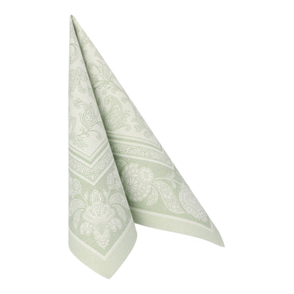 Eine hellgrüne PAPSTAR GmbH 50 Servietten "ROYAL Collection" 1/4-Falz-Serviette (40 x 40 cm) mit weißen Paisley- und Blumenmustern, die aufrecht zu einer Spitze gefaltet ist, auf weißem Hintergrund.