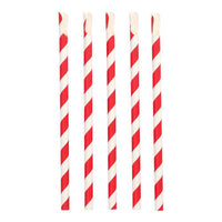 Fünf PAPSTAR Trinkhalme mit Löffel, rot/weiß "Stripes" (23 cm, Ø 10 mm) der PAPSTAR GmbH stehen aufrecht in einer Reihe, jeweils mit diagonalen rot-weißen Streifen und einer abgewinkelten löffelförmigen Spitze auf weißem Grund.