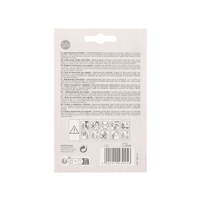 Die Rückseite einer PAPSTAR Jubiläumskerzen mit Halter 7 cm "gold" (by PAPSTAR GmbH) Packung ist mit mehrsprachigem Text, Warn- und Recyclingsymbolen, einem Barcode darunter und einer zentralen Aufhängelasche versehen - ideal für Geburtstage oder Kerzen mit Halter.