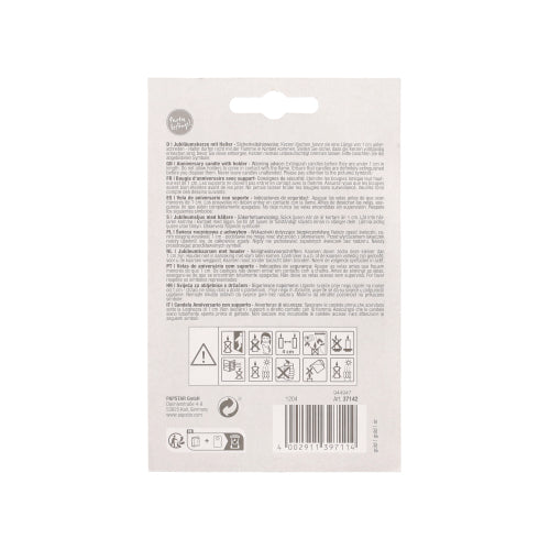 Rückansicht der PAPSTAR Jubiläumskerzen mit Halter 7 cm "gold" Verpackung von PAPSTAR GmbH mit mehrsprachiger Anleitung, Sicherheitssymbolen und einem Barcode in der rechten unteren Ecke. Perfekt für Feiern.
