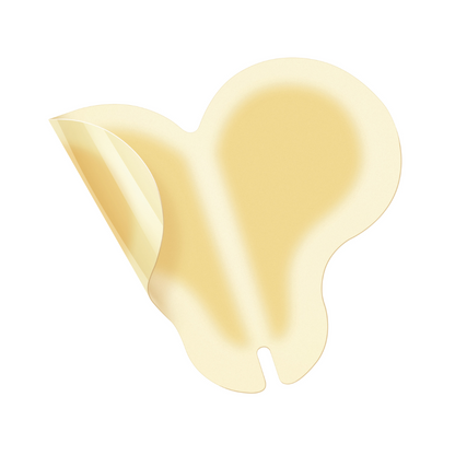 Su sfondo bianco è visibile una singola medicazione Hartmann Hydrocoll Classic Sacral (12 x 18 cm, beige, a forma di farfalla) della Paul Hartmann AG parzialmente staccata dal supporto per il trattamento umido delle ferite. La confezione contiene 5 pezzi.