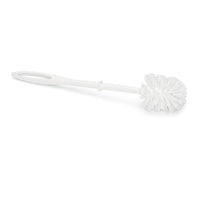 The Nölle Profi Brush toilet brush from Nölle Profi Brush Bürsten- & Pinseltechnik e.K. has a small, round head with a diameter of 65 mm, is 38 cm long, and features a white plastic design with an oval hole at the end of the handle.