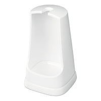 A white plastic stand with an open front and a hole at the top for storing the Nölle Profi Brush Round-Head Toilet Brush, 38 cm (PPN bristles), by Nölle Profi Brush Bürsten- & Pinseltechnik e.K., or similar accessories.