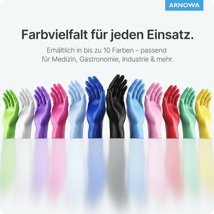 Eine Reihe von ARNOMED NITRIL PEPPERMINT GREEN Bunte Einmalhandschuhe aus Nitril Mintgrün von ARNOWA GmbH erscheint in zehn Farben - auch in Mintgrün - auf einer reflektierenden Oberfläche, darüber ein deutscher Text und das ARNOWA-Logo in der rechten oberen Ecke.