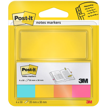 Eine Packung Post-it® Page Markers der 3M Deutschland GmbH enthält vier Blöcke (gelb, grün, pink und orange), jeweils 20 mm x 38 mm mit 50 Blatt/Block, 100% PEFC-zertifiziert. Die meist gelbe Verpackung hat ein transparentes Fenster, auf dem die Marker zu sehen sind.