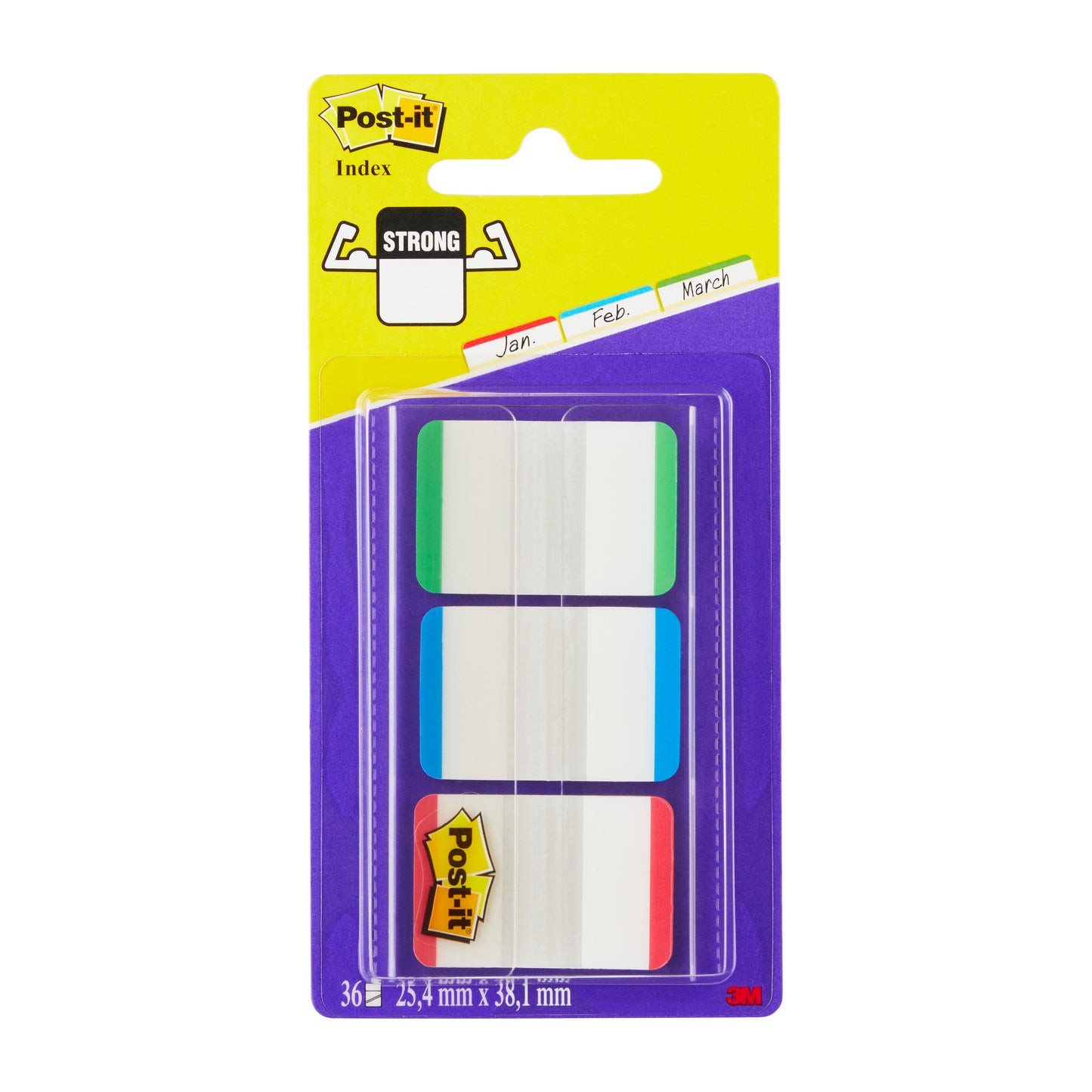 Eine Packung 3M Post-it® Index Strong Ablagetabs in verschiedenen Farben, Standardgröße (25,4 mm x 38,1 mm), enthält 66 Klebestreifen pro Spender.
