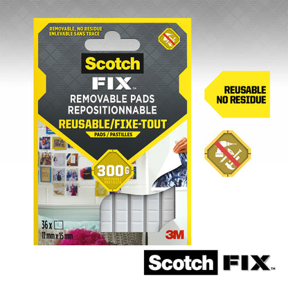 Abgebildet ist eine Packung Scotch-FIX™ Ablösbare Klebepads 301008C36-P von 3M Deutschland GmbH (11 mm x 15 mm, 36 Stück). Die Verpackung enthält den Hinweis "Wiederverwendbar, rückstandsfrei" und zeigt weiße Klebepads, die ideal für die Befestigung von Gegenständen sind, ohne die Wand zu beschädigen.