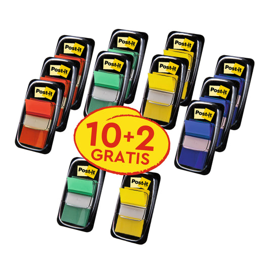 3M Deutschland GmbH Post-it® Index Haftstreifen, Standard, 25,4 x 43,2 mm in verschiedenen Farben: 10 Spender plus 2 gratis (50 Streifen/Spender). Perfekt zum Organisieren und Markieren von Dokumenten.