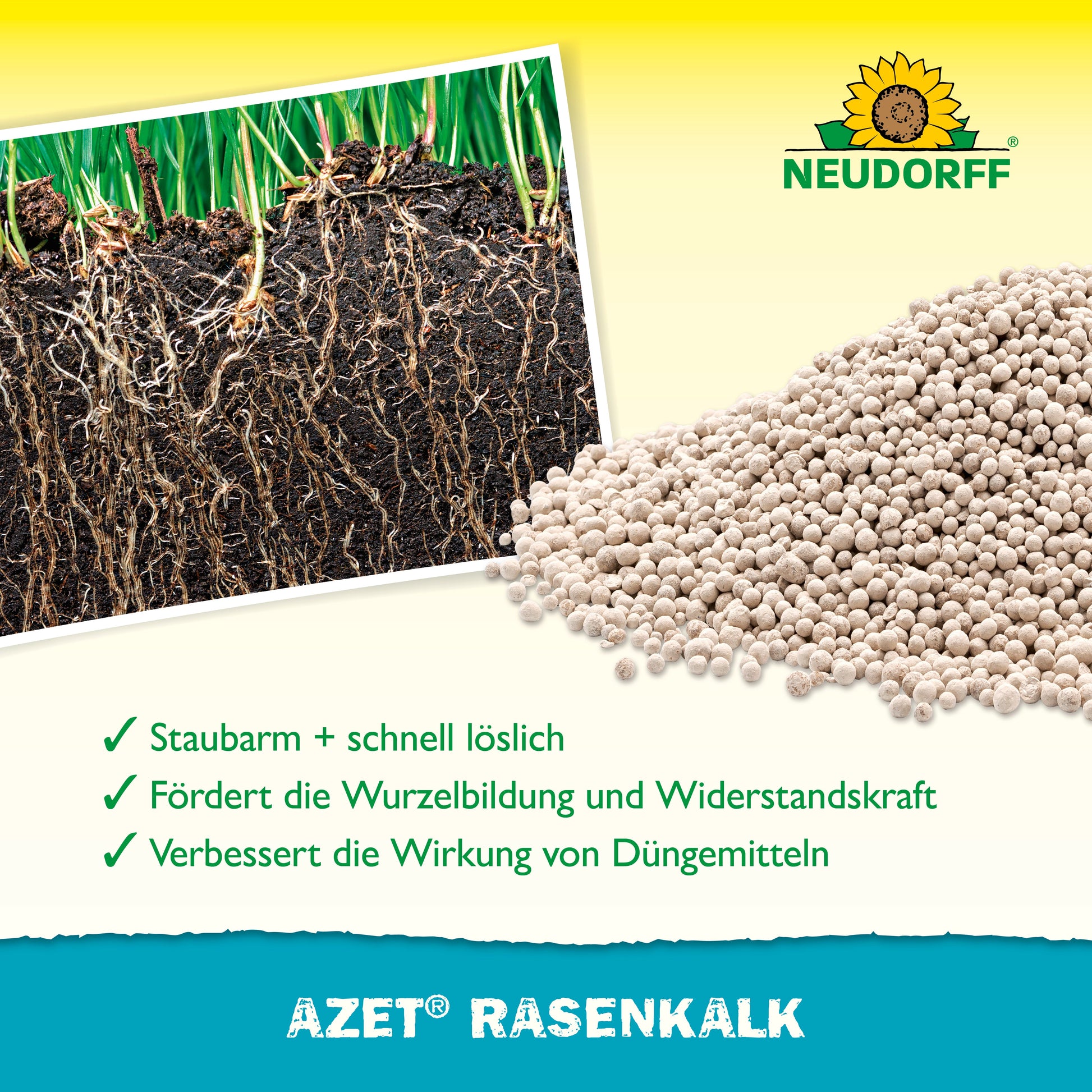 Ein Produktbild für Azet RasenKalk von Neudorff Shop zeigt granulierten Dünger mit gesunden Rasenwurzeln. Der Text hebt die geringe Staubentwicklung, die schnelle Löslichkeit und die effektive Moosbekämpfung zur Unterstützung einer optimalen Wurzelentwicklung hervor.