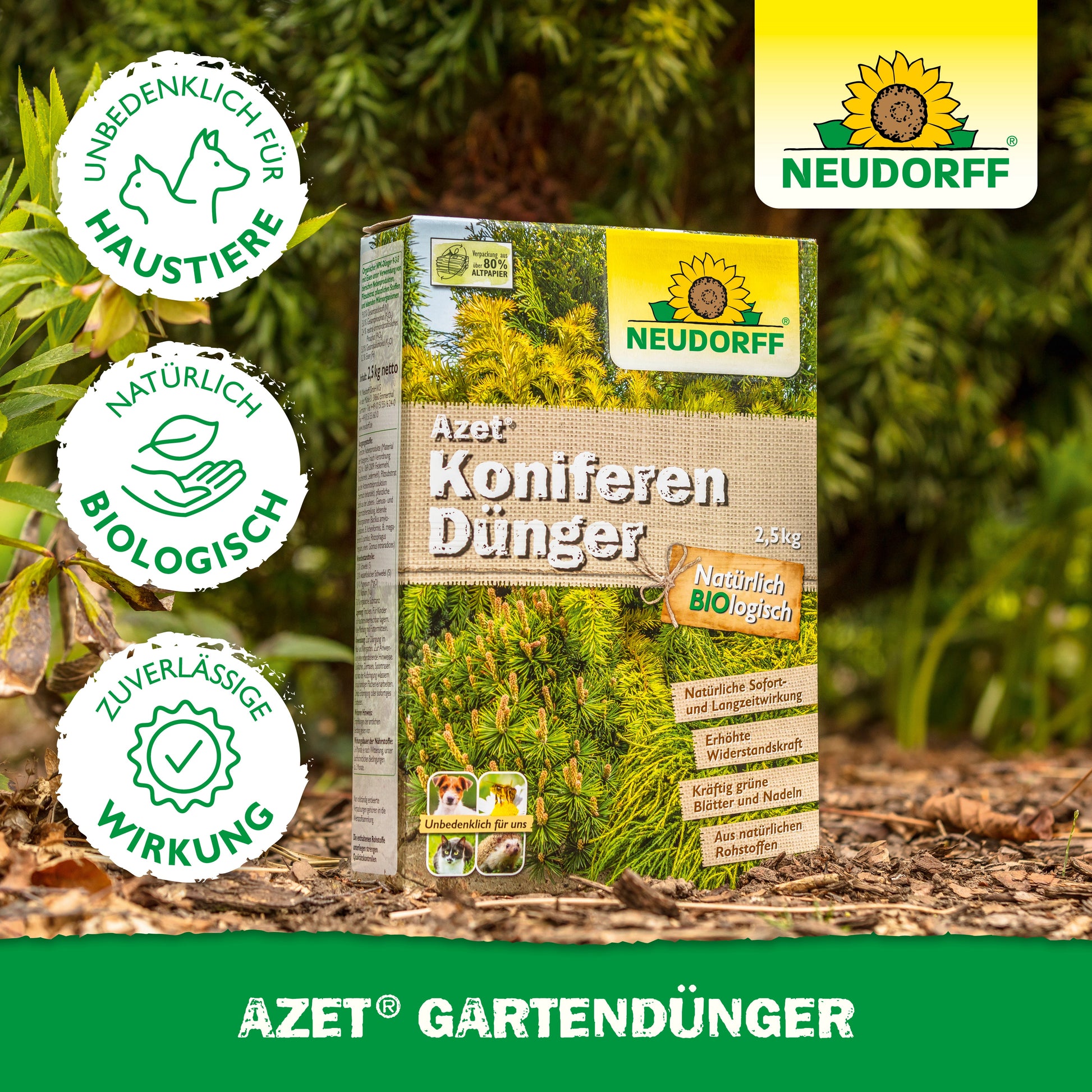 Eine Schachtel Neudorff Shop Azet KoniferenDünger steht im Freien auf dem Boden zwischen grünen Koniferen. Die deutsche Verpackung hebt seine natürlichen, biologischen und haustierfreundlichen Eigenschaften hervor, die ihn ideal für immergrüne Pflanzen und Sichtschutz machen.