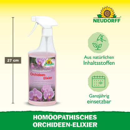 Abgebildet ist eine 27 cm lange Sprühflasche von Neudorff Shop Homöopathisches Orchideen-Elixier. Auf dem Etikett sind Orchideen abgebildet, mit Symbolen, die die natürlichen Inhaltsstoffe und die Eignung als ganzjähriges Pflanzenhilfsmittel hervorheben.